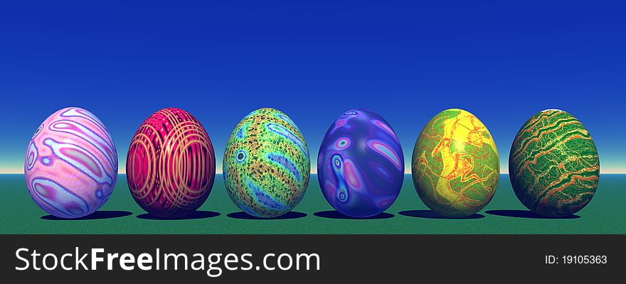 Six colored eggs for easter in the grass and with blue sky. Six colored eggs for easter in the grass and with blue sky