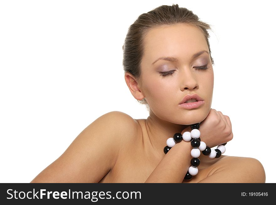 Beautiful woman with black and white beads