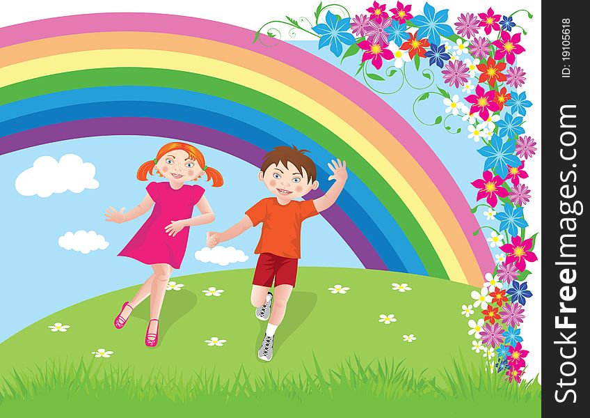 Running boy and girl on the background of rainbows and flowers