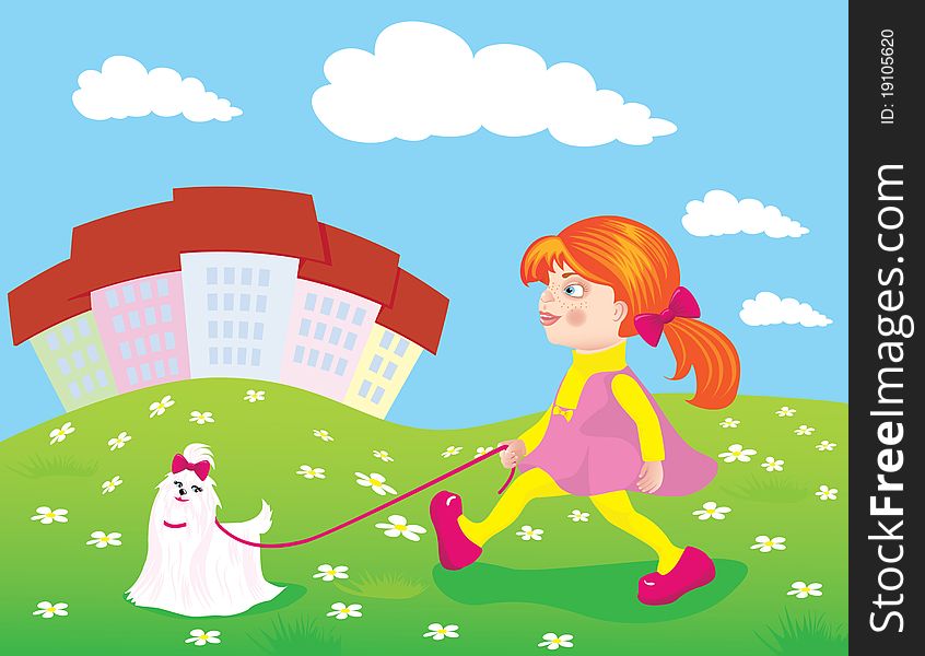 Red-haired Girl Walking With A Dog