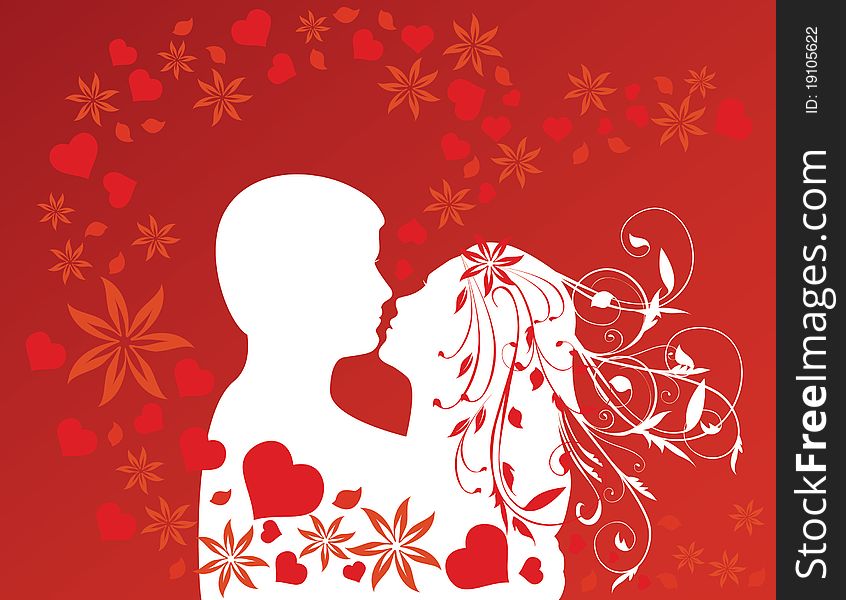 Kissing couple - silhouettes on a red background