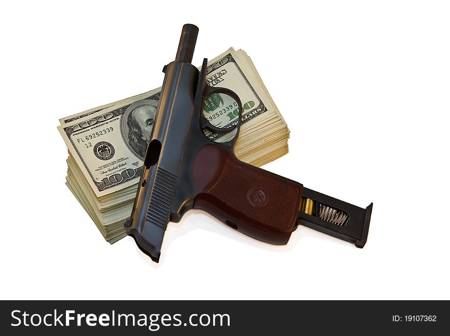 Gun and money isolated on white background