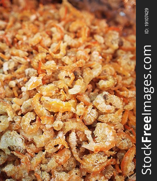 Closeup of many chinese style dried shrimps sold in marketplace