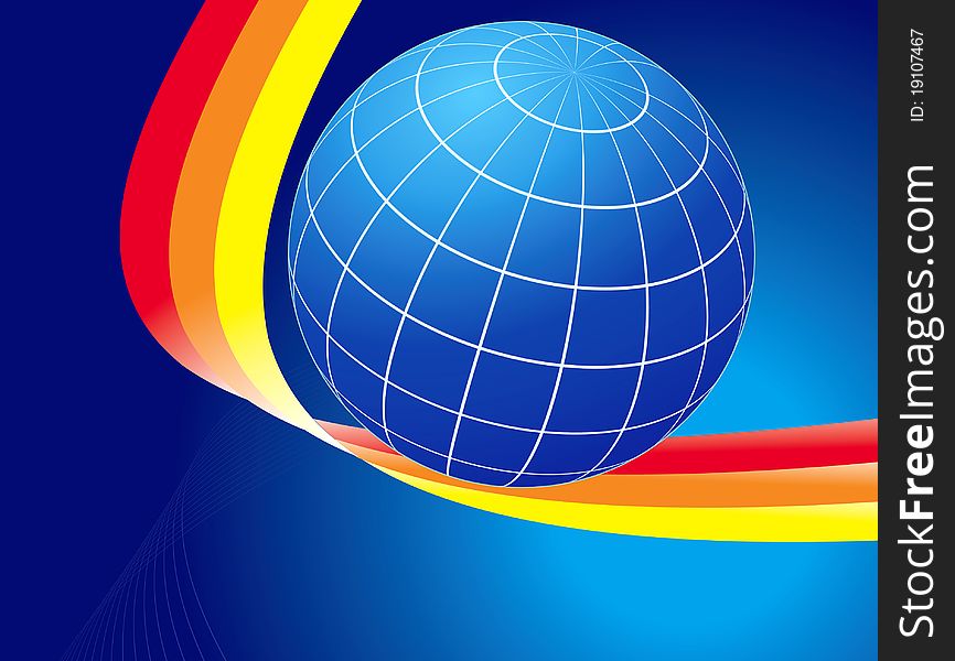 Earth globe and rainbow color curves on dark blue background. Earth globe and rainbow color curves on dark blue background