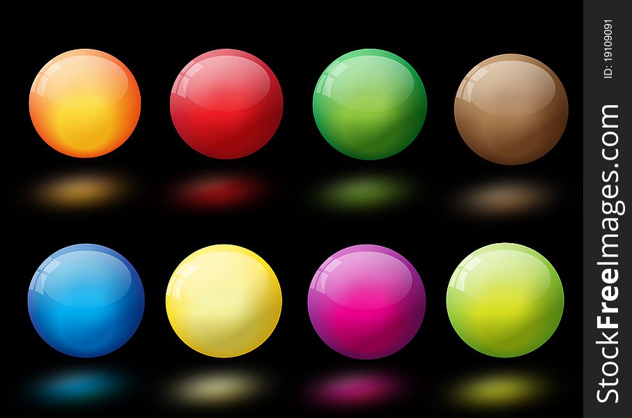 Colorful globes with reflection on black background, illustration. Colorful globes with reflection on black background, illustration