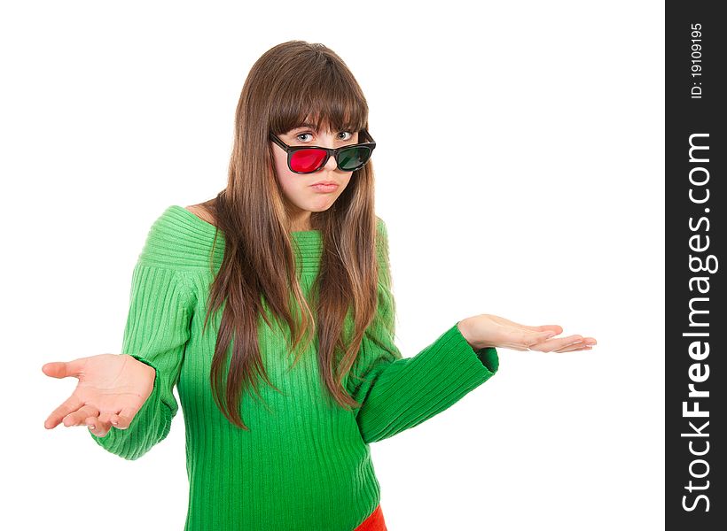 Frustrated girl wearing 3D glasses isolated over white background