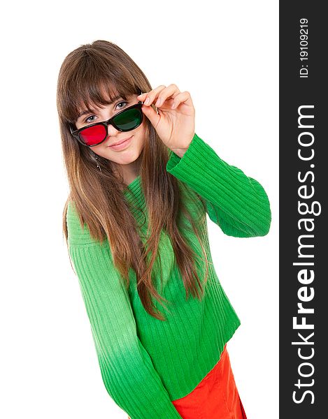 Girl wearing 3D glasses isolated over white background