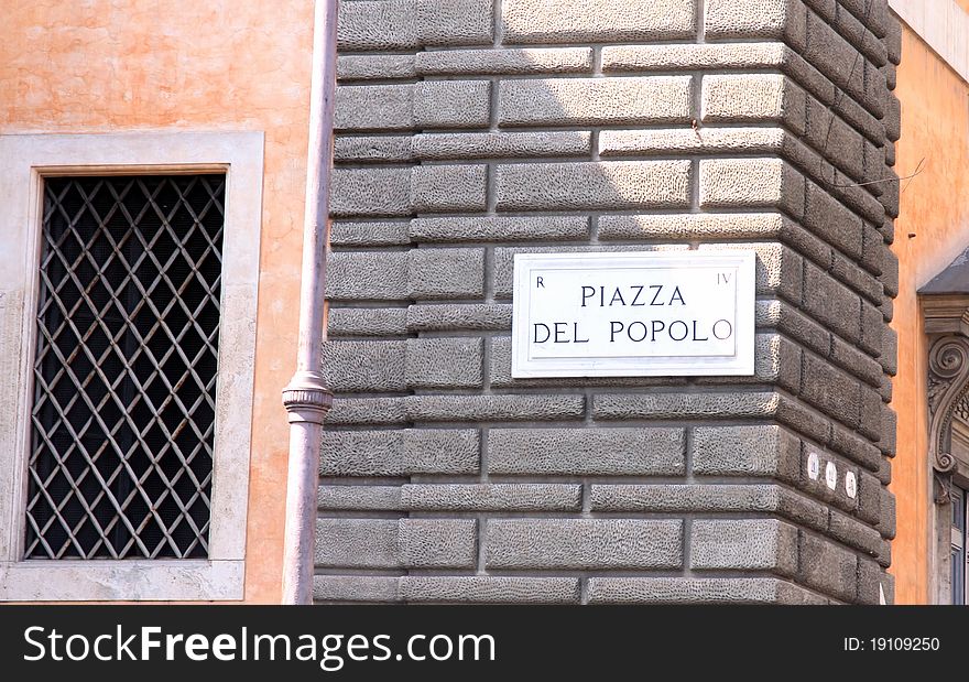 Street sign at Piazza del Popolo in Rome, Italy