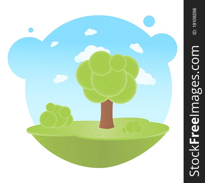 Cartoon Landscape With Trees And Clouds, Vector Illustration