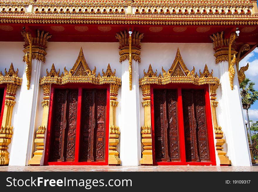 Door of temple with Thai Buddhism traditional. Temple in Thailand is named Phra-Mahathat-Kaen-Nakhon, Khon Kaen province, Thailand.