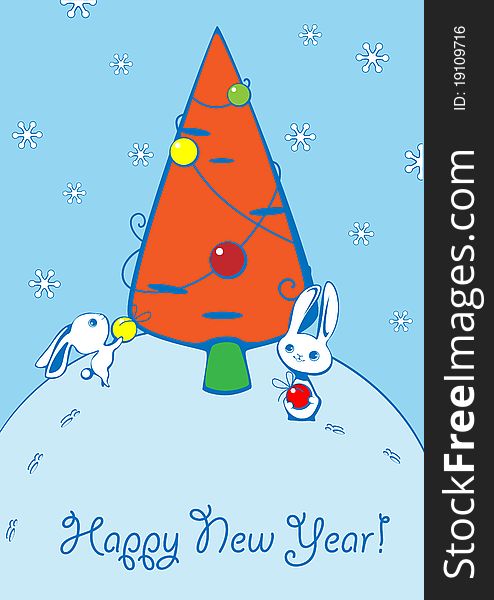 Christmas card with two hares and a fur-tree in the form of carrots