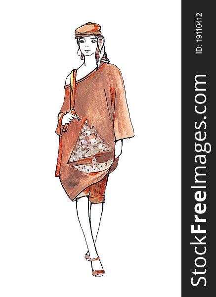 Woman in brown summer suit isolated on white. Fashion sketch. Gouache and ink drawing