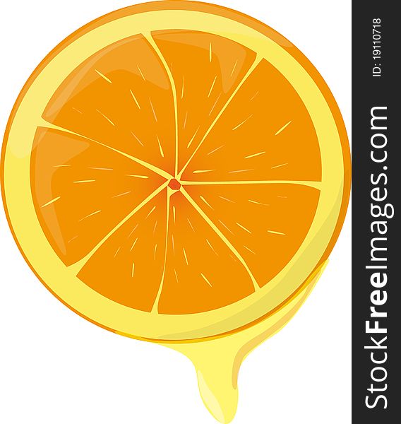 Cut in half with orange juice dripping. Cut in half with orange juice dripping