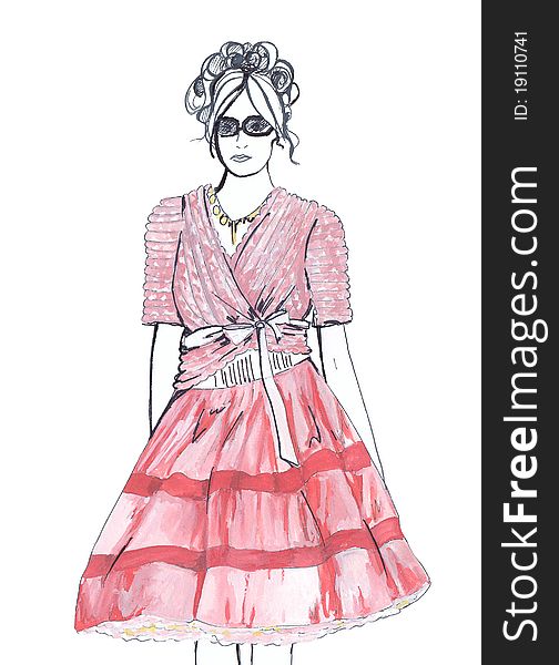 Fashion Sketch. Woman In Pink