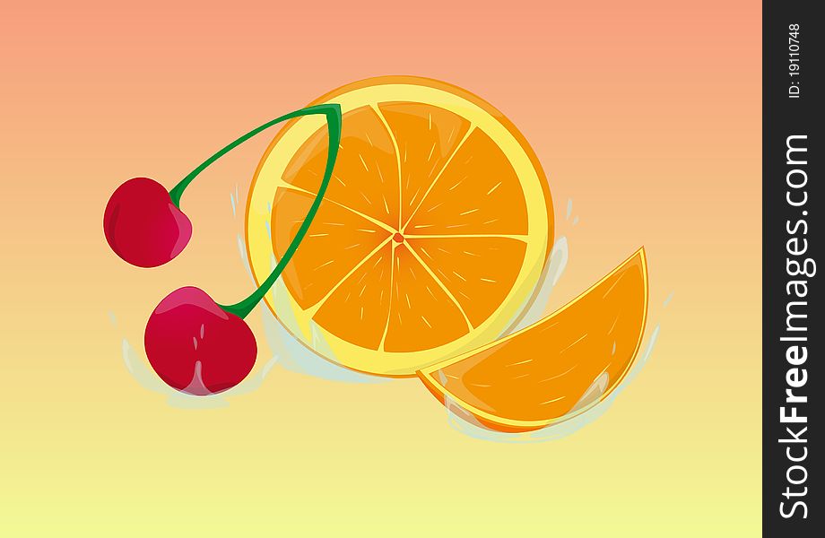 Orange and a cherry in a spray of water. Orange and a cherry in a spray of water