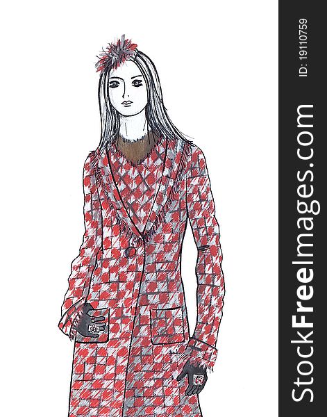 The woman dressed in autumn checkered coat. Gouache and ink drawing. The woman dressed in autumn checkered coat. Gouache and ink drawing