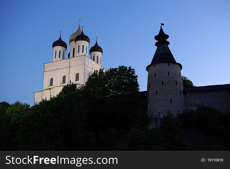 View on Trinity cathedral and Pskov Kremlin in the evening. Pskov. Russia