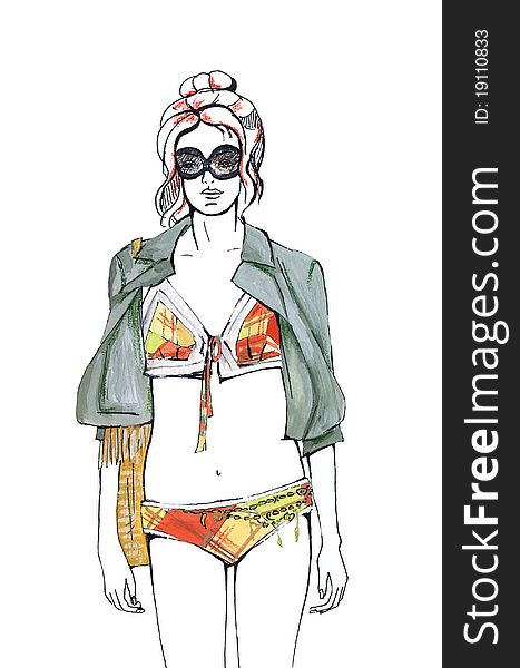 Woman in swimming suit isolated on white. Fashion sketch. Gouache and ink drawing