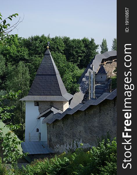 Wall and towers of the Pechorsky monastery, Pskov region, Russia. Wall and towers of the Pechorsky monastery, Pskov region, Russia