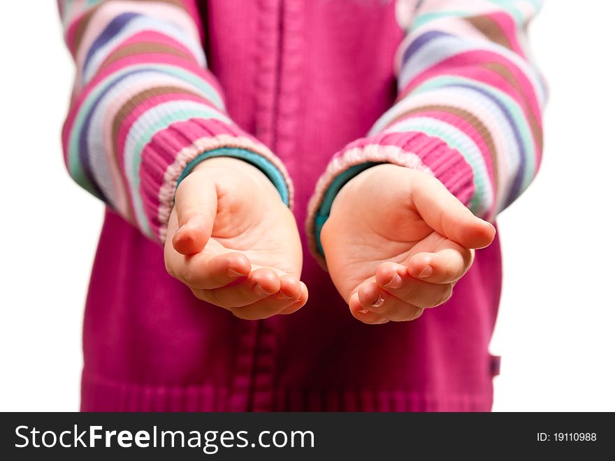 Little child hands open. Isolated on white background