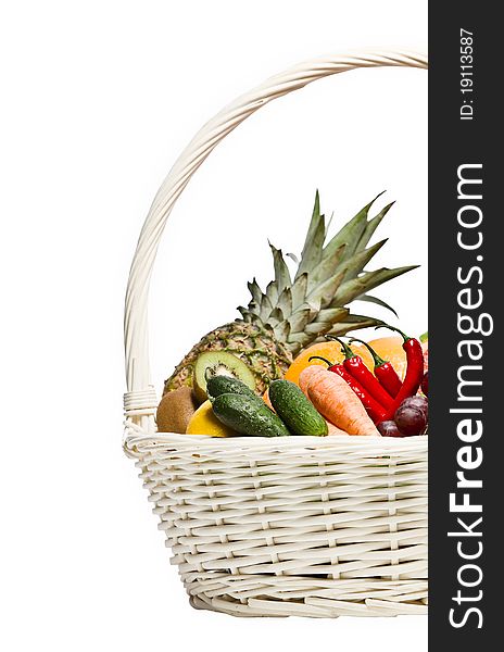 Healthy food in basket isolated on white. Healthy food in basket isolated on white