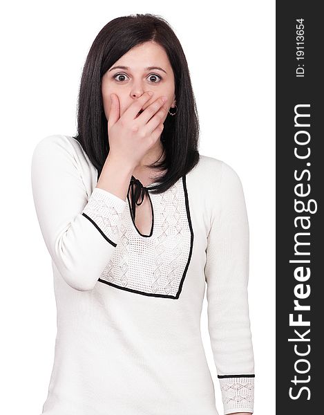 Shocked pretty young woman - isolated on white background. Shocked pretty young woman - isolated on white background