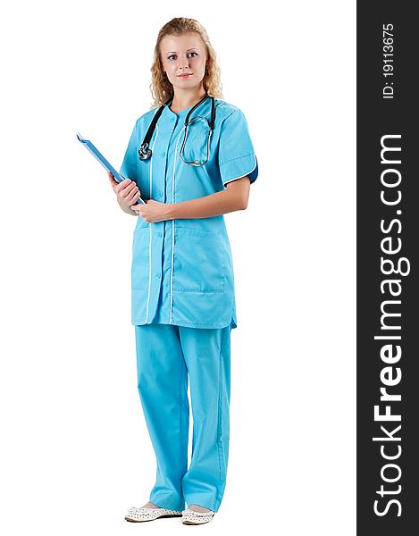 Beautiful young doctor with file folder and stethoscope isolated on white background