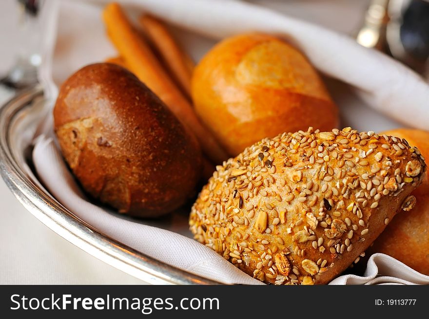 Mixture of bread buns for a healthy breakfast.