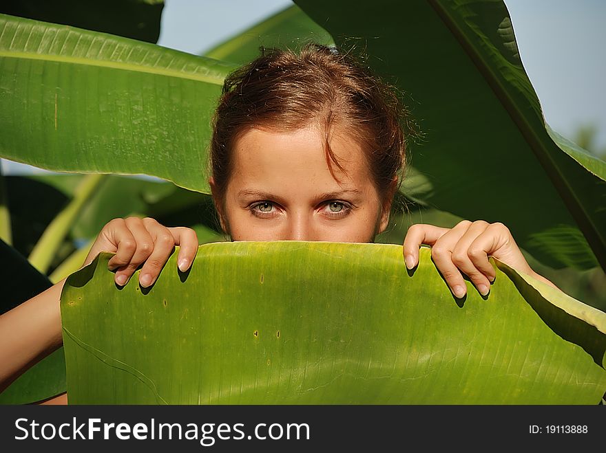 Young girl looks out of palm leaf. Young girl looks out of palm leaf