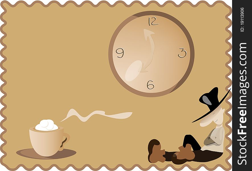 Sleeping person, a clock and a cup of coffee. Sleeping person, a clock and a cup of coffee