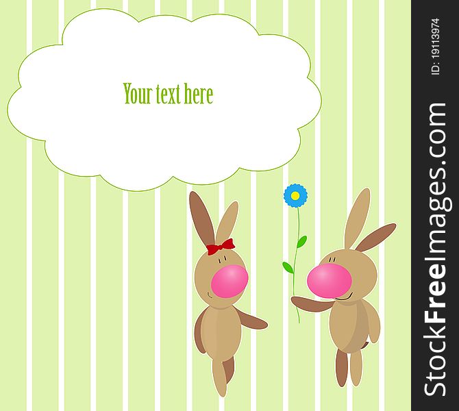 Funny bunnies and blue flower on a striped background. Funny bunnies and blue flower on a striped background