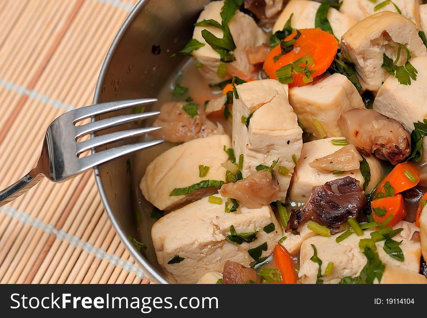 Marinated bean curd dish with simple vegetable ingredients.