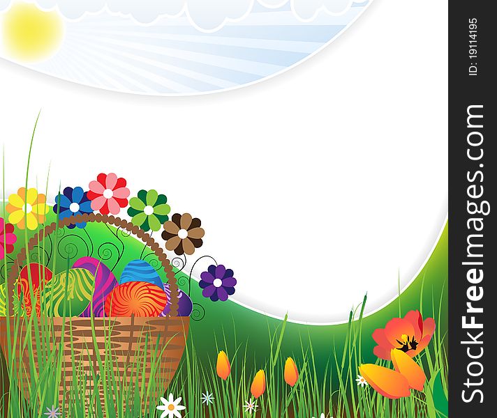 Basket with colored eggs and flowers on flowering meadow. Basket with colored eggs and flowers on flowering meadow