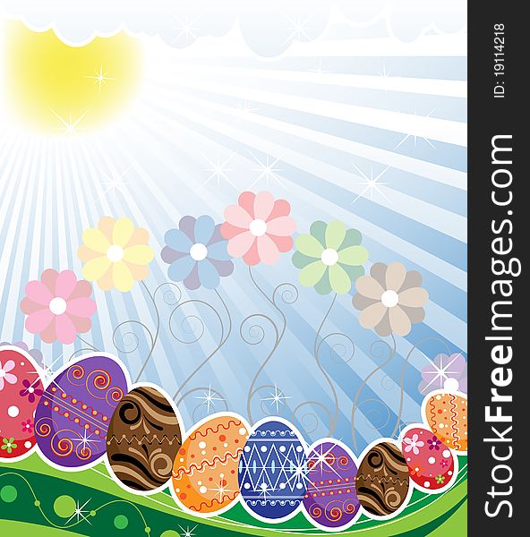 Bright Easter eggs with an original ornament under sunbeams. Bright Easter eggs with an original ornament under sunbeams