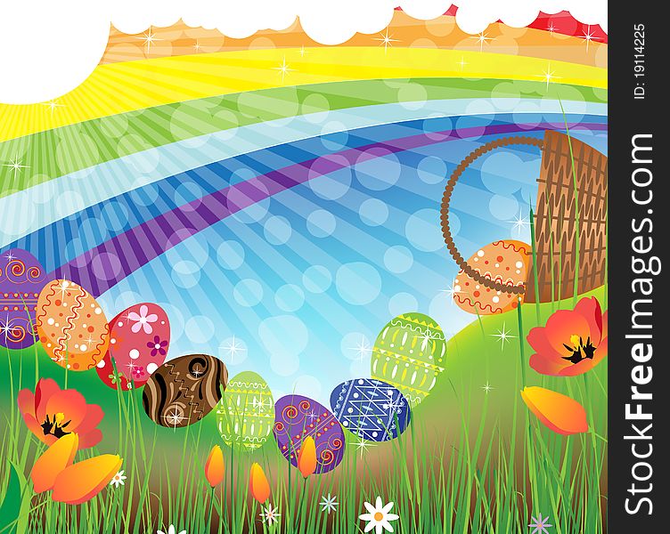 Bright Easter eggs rolled out of the overturned basket. Rainbow Easter landscape