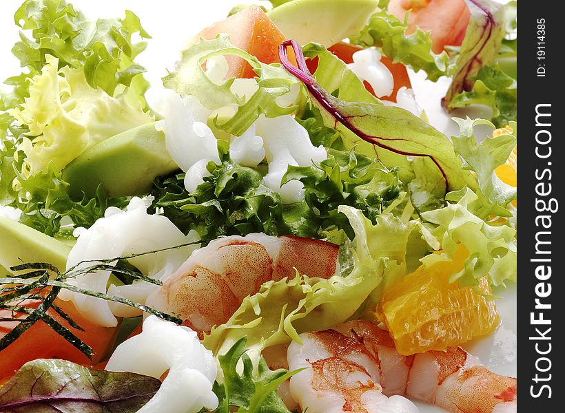 Appetizer fresh shrimps and orange salad. Appetizer fresh shrimps and orange salad