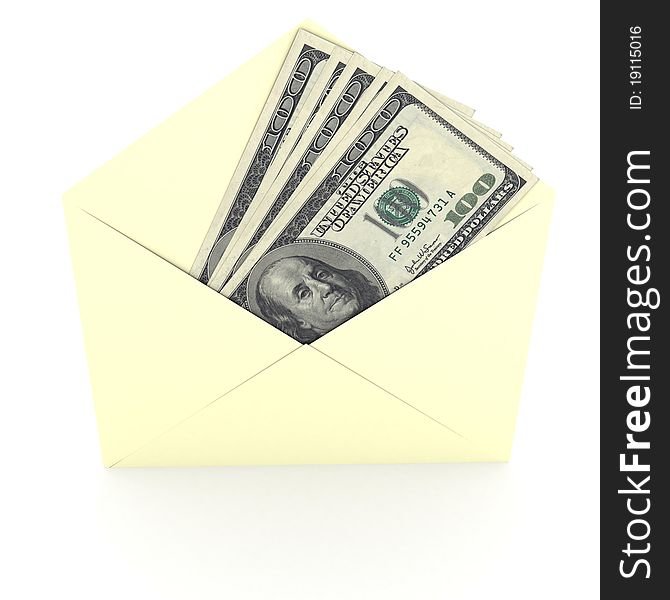 Dollars sign in envelope over white background. computer generated image