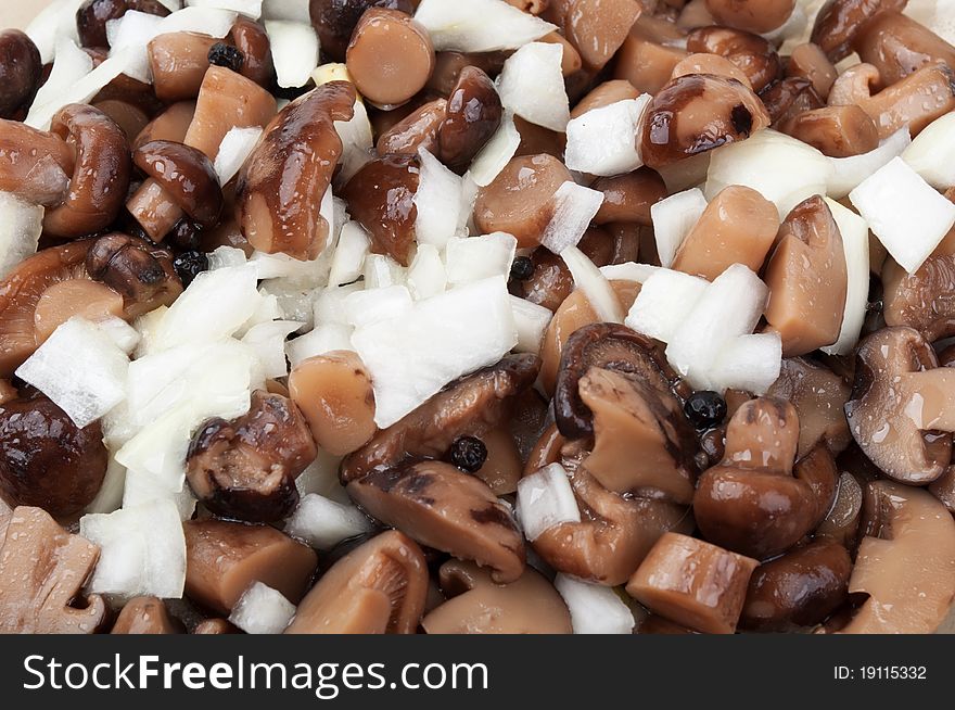 Marinated mushrooms with onion on a background