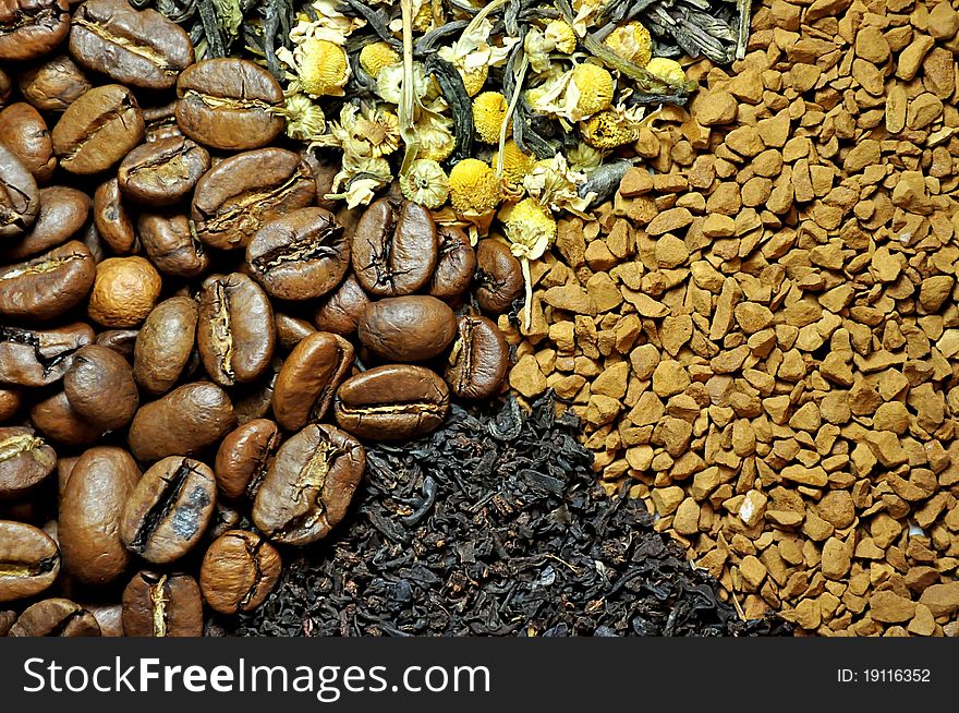 Fragrant roasted coffee beans and instant fine ground coffee. Fragrant roasted coffee beans and instant fine ground coffee