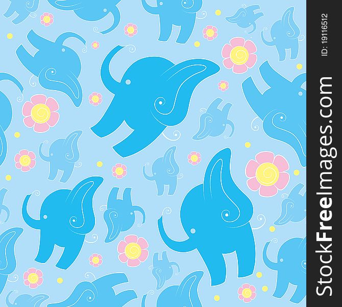 Seamless texture of blue cartoon elephants and pink flowers. Seamless texture of blue cartoon elephants and pink flowers