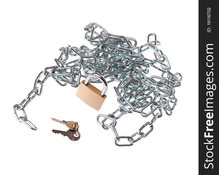 A silver chain with a padlock and keys on an isolated white background. A silver chain with a padlock and keys on an isolated white background