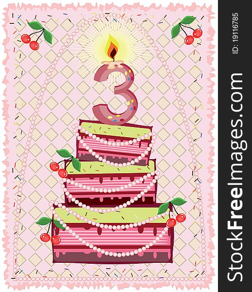 Birthday green background with cake,three years. Birthday green background with cake,three years