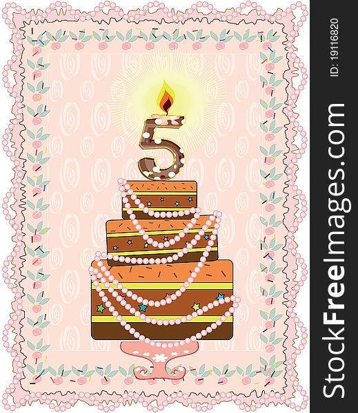 Birthday green background with cake,five years. Birthday green background with cake,five years