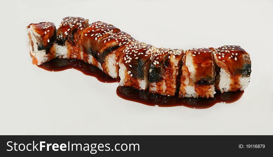 Tasty sushi set with fish and sesame