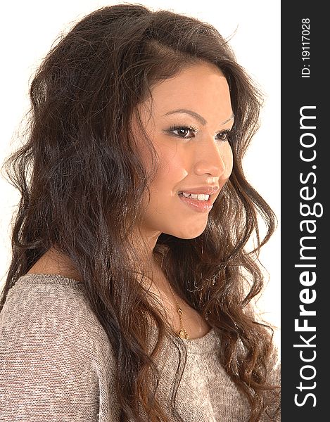 A closeup portrait of a young beautiful Asian woman with long curly brunette hair, for white background. A closeup portrait of a young beautiful Asian woman with long curly brunette hair, for white background.