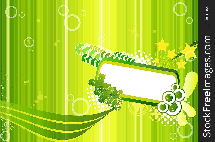 Green illustration with frame for text, crosses, arrows and stars