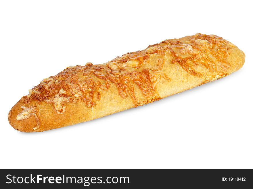 Long loaf of wheat bread wit cheese isolated on the white background