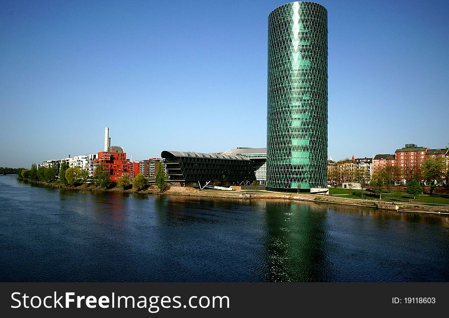 Some modern apartment buildings along the Main River in Frankfurt, Germany.