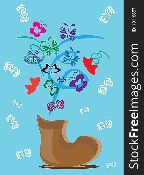 Bunch of flowers in a boot. Illustration