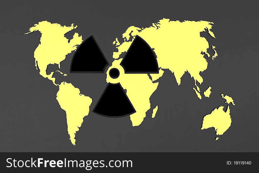 3d render of radiation sign on a world map